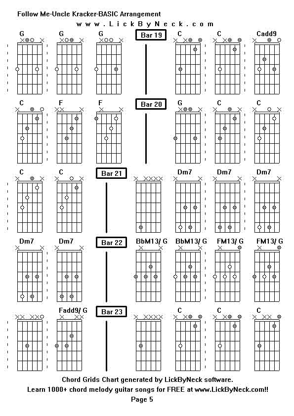 Chord Grids Chart of chord melody fingerstyle guitar song-Follow Me-Uncle Kracker-BASIC Arrangement,generated by LickByNeck software.